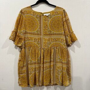 Hayden Los Angeles Yellow Paisley Print Tiered‎ Ruffle Sleeve top Size L